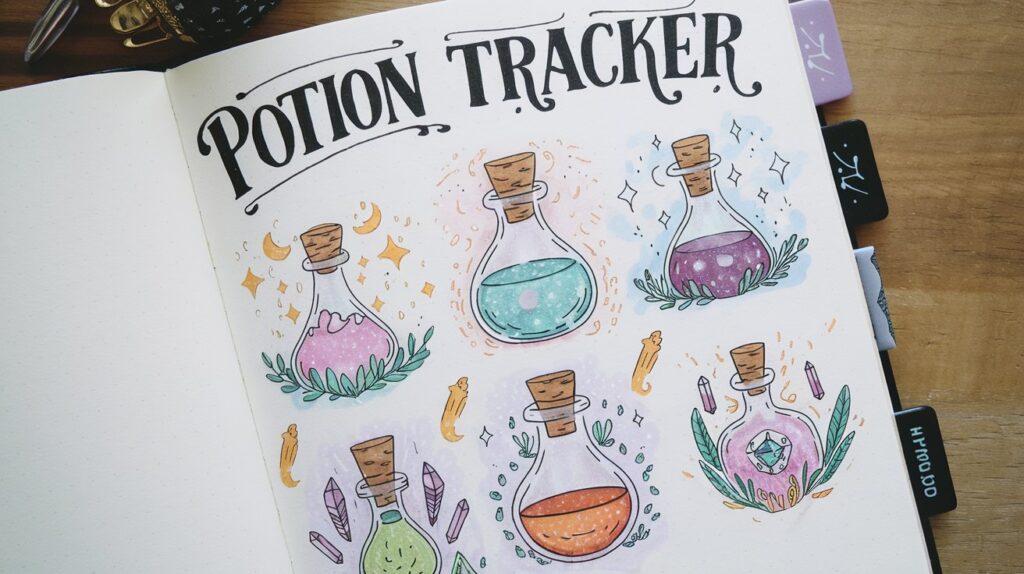 A bullet journal page featuring hand-drawn potion bottles of various shapes and colors, surrounded by doodles of stars and moons.