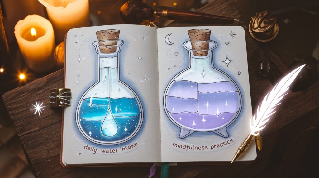 A bullet journal spread featuring potion bottles segmented into smaller sections, each one representing a tiny habit step, like a single glass of water or five minutes of stretching.