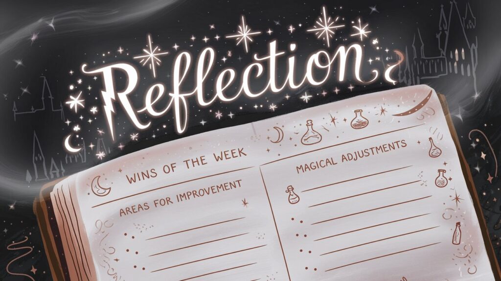 A cozy journal page with a header reading "Reflection," surrounded by small magical doodles. The page lists questions like “What worked well this week?” alongside notes and progress insights.