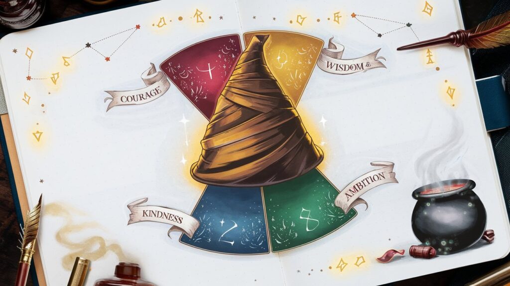 A Sorting Hat mood tracker dominates the center of a bullet journal page, glowing with an aura of ancient magic. The hat’s timeworn folds and deep creases seem alive with wisdom, as if whispering secrets from centuries past. Four radiant sections spiral outward, each bathed in its signature hue—Crimson for Courage, Sapphire for Wisdom, Gold for Kindness, and Emerald for Ambition—framed by delicate banners in an elegant, calligraphic style. Above, constellations glimmer faintly, their celestial patterns intertwined with softly glowing runes, forming a protective arc around the hat. Beneath it, a bubbling cauldron sends ethereal mist curling across the page, while a finely crafted quill and an intricately designed potion vial sit poised at the edges, as if waiting to capture your innermost thoughts in magical script.