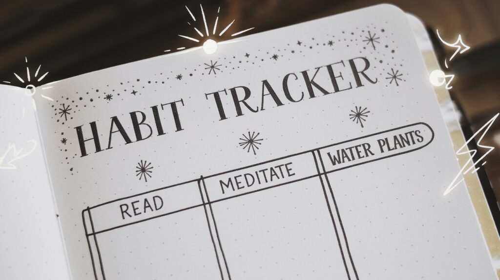 A close-up of a habit tracker page in a bullet journal. The page features a simple grid with three habits listed: "Read," "Meditate," and "Water Plants." At the top, the tracker title is adorned with tiny starburst doodles and magical symbols, evoking the feel of an enchanted scroll. A small lightning bolt and crescent moon subtly glow in the corners of the page, tying together the magical aesthetic.