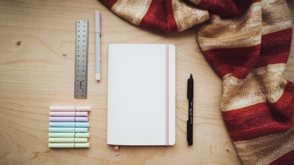 A flat lay of a simple dotted notebook, one black pen, a ruler, and a few pastel markers arranged neatly on a wooden desk. A soft, red-and-gold striped scarf is draped in the corner for a magical touch.