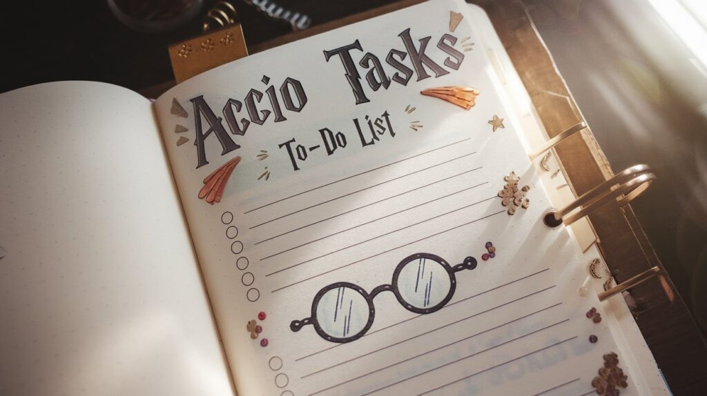 A whimsical journal spread with "Accio Tasks" as the header for a to-do list. Below it, a small sketch of Harry Potter’s glasses and lightning scar adds charm. A soft light ray highlights the page.